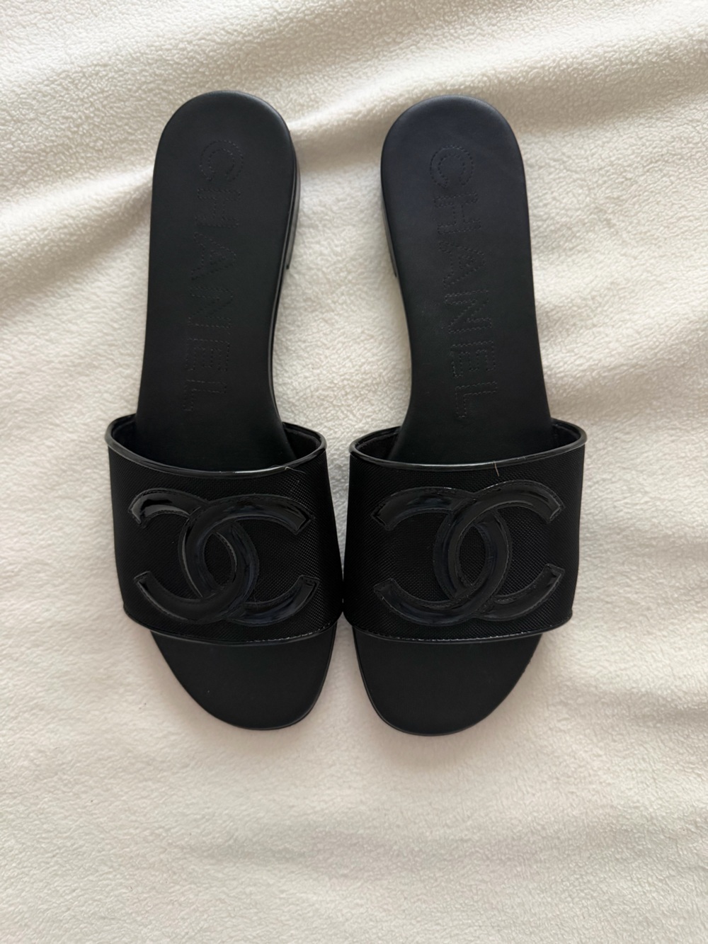 CHANEL Black Slide Sandals with Embossed CC Logo